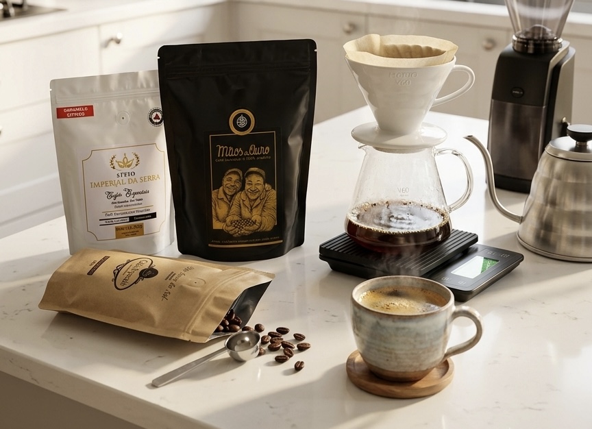 Embalagens de café especial torrado, coador Hario V60 e xícara sobre bancada de cozinha