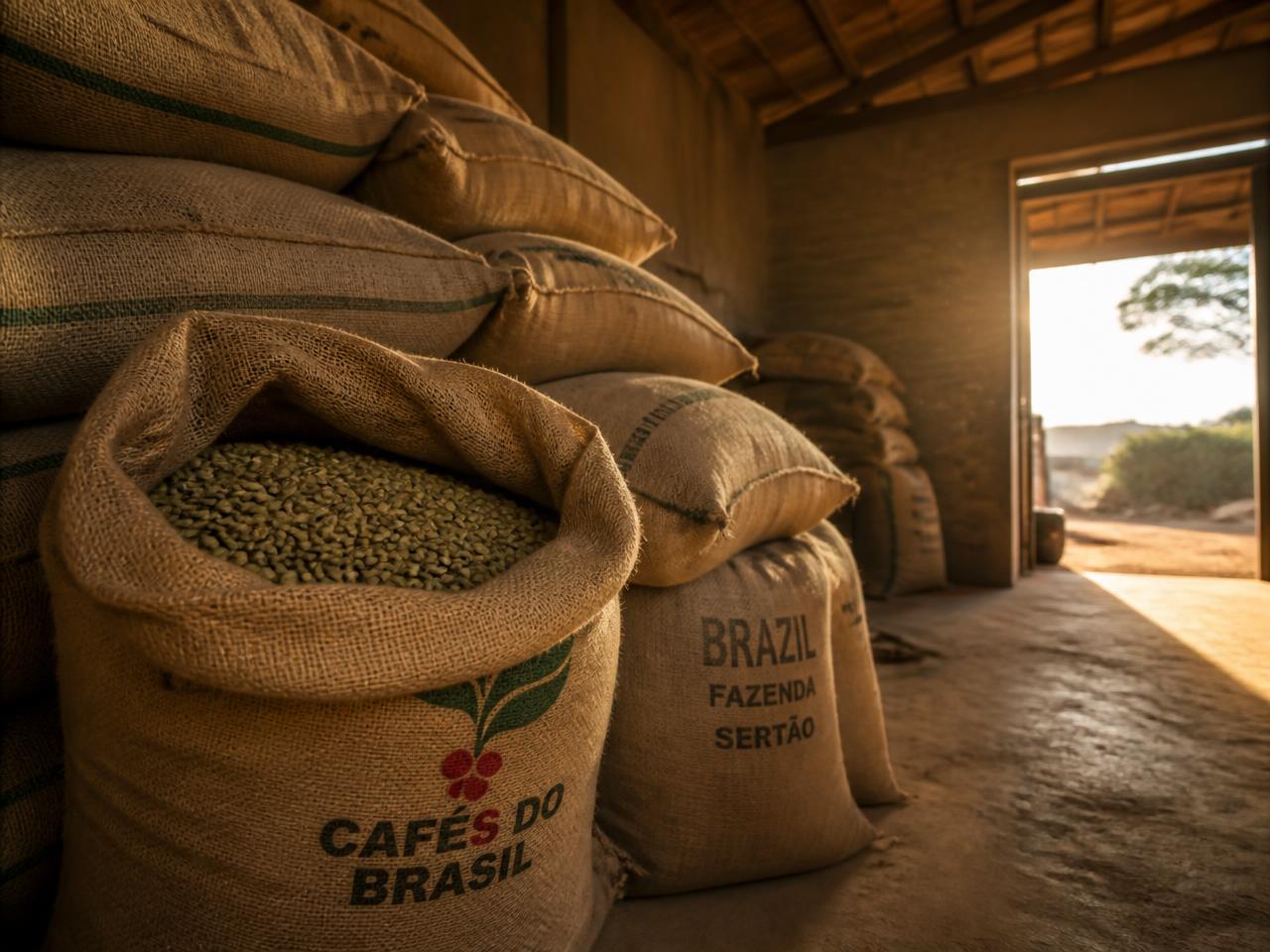 Sacas de 60kg de café verde brasileiro empilhadas no armazém da fazenda