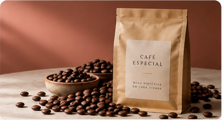 Embalagem de café especial torrado com grãos ao redor