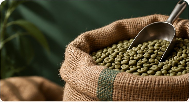 Saca de café com grãos verdes e concha metálica