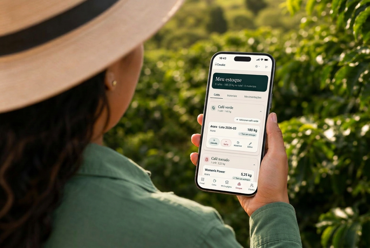 Produtora de café conferindo seu catálogo no celular na lavoura