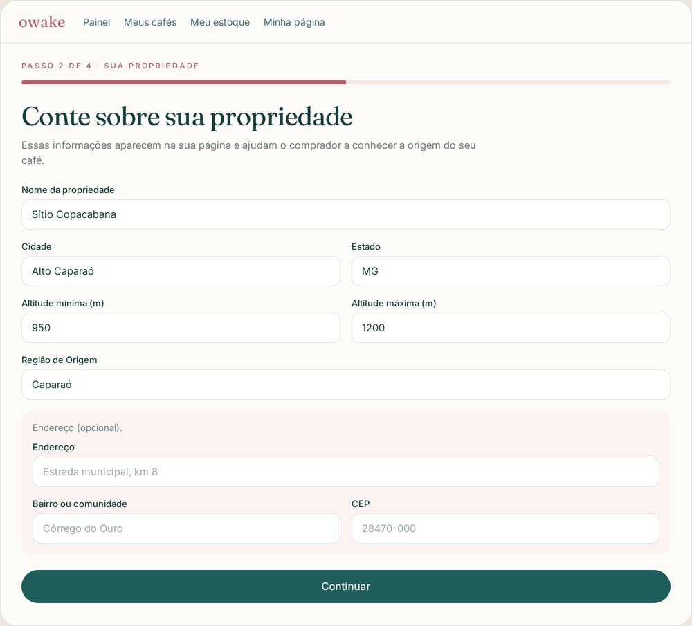 Formulário de cadastro da propriedade do produtor na Owake