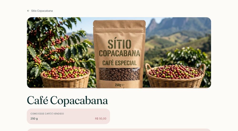 Página de um café cadastrado com foto, formatos de venda e notas sensoriais