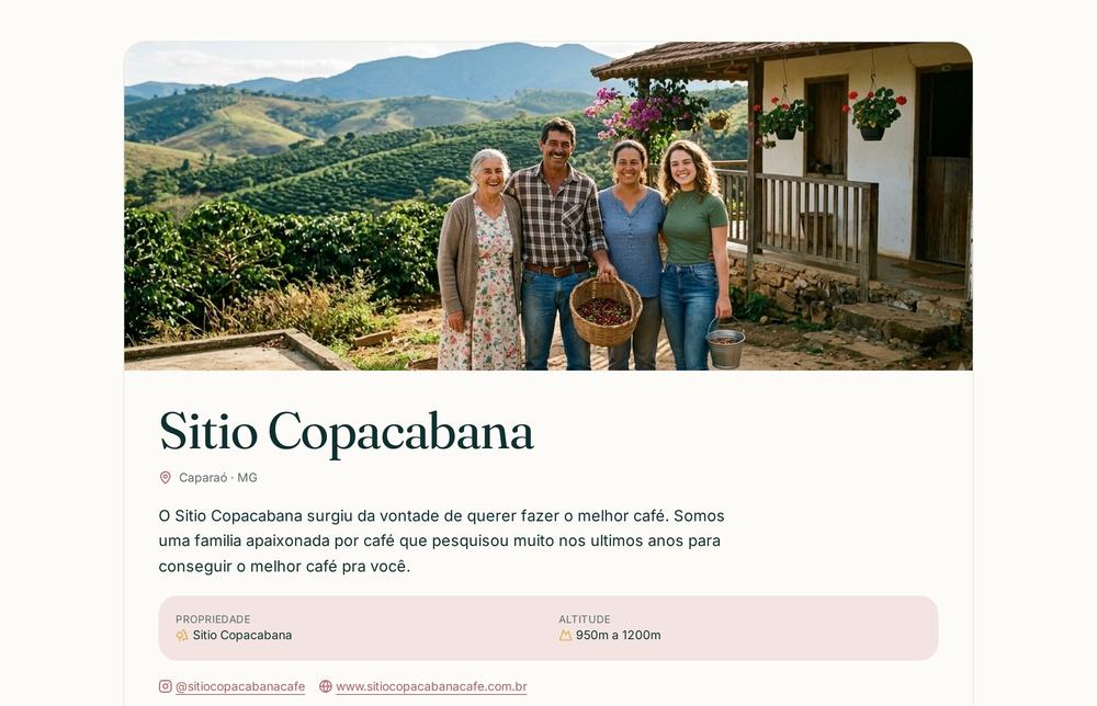Página pública de um produtor com sua história e seu catálogo de cafés